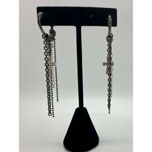 Betsey Johnson Cross Earrings Dangle Chandelier Hoop Chain Gunmetal Black Silver
